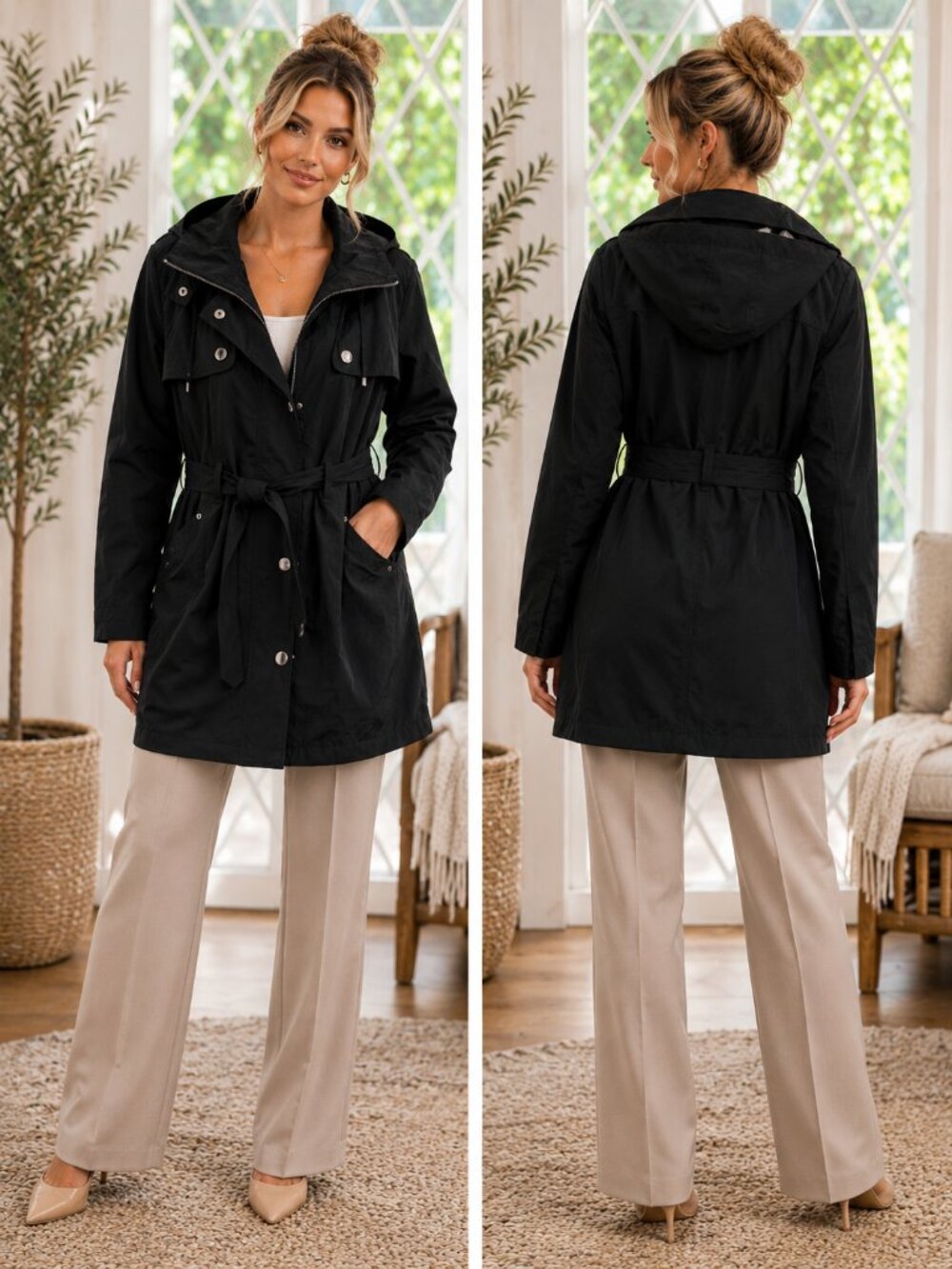 🖤 London Fog Black Hooded Trench Coat Size L 🖤 NWT